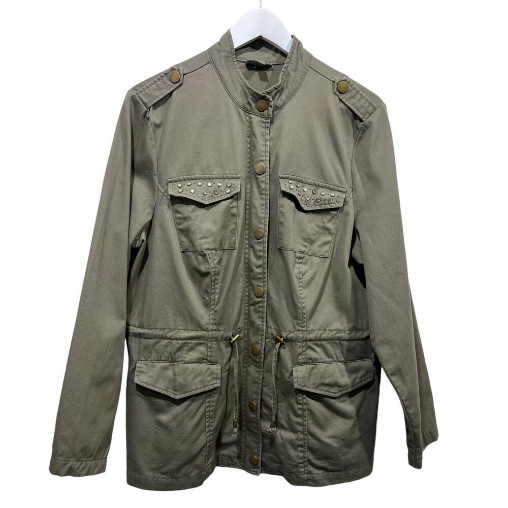 Roz & Ali Womens Sz 1X Green Rhinestone Stud Cinch Waist Military Safari Jacket